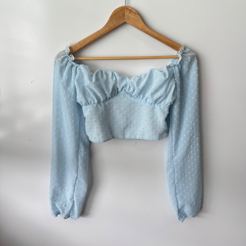 Shein Swiss Dot‎ Crop Top Ruched Sweetheart Neck Long Sleeve Blue S - Picture 3 of 7